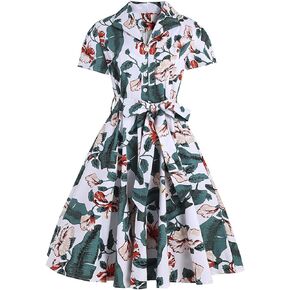 Women's Vintage Hepburn style fresh print Tea Dress Prom Swing Cocktail Party Dress with short-sleeved
