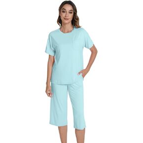 WiWi Viscose from Bamboo Pajamas for Women Crewneck Short Sleeve Loungewear with Capri Pajama S-XXL