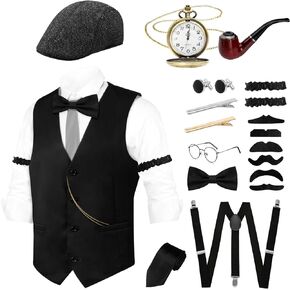 Roaring 20s Costumes with Fedora Hat Pre-Tied Bow Tie Pocket Watch Suspenders Mustache for Men 1920s Accessory