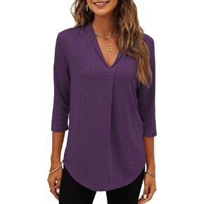 Miselon Womens Tunic Tops 3/4 Sleeve Eyelet V Neck Loose Fit Casual Shirts Purple L