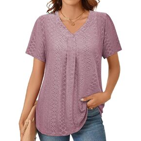 Bulotus Women's Summer Eyelet Tops Short Sleeve Dressy Casual Shirts for Work Loose Fit Tunic Tops