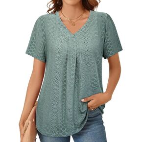 Bulotus Women's Summer Eyelet Tops Short Sleeve Dressy Casual Shirts for Work Loose Fit Tunic Tops