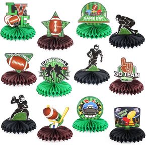 12 Pieces First down Football Birthday Party Decorations 3D Honeycomb Football Centerpieces for 1st Boy Sports Theme Banquet Tailgate Football Table Decor Supplies