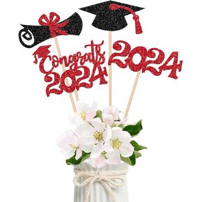 12 PCS Double Sided Glitter Class of 2024 Graduation Party Centerpiece Sticks 2024 Diploma Graduation Cap Centerpieces Table Toppers for 2024 Graduation Party Flower Decorations Supplies Gold