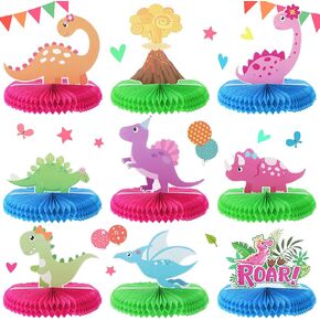 9 Pcs Girl Dinosaur Birthday Party Supplies Pink Dinosaur Honeycomb Centerpiece Table Decorations Happy Dino Volcano Theme Party Table Toppers for Kids Baby Shower Decor