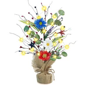 4th of July Decorations, 19.6 Inch Artificial Patriotic Trees Tabletop Decor, Lighted Patriotic Table Trees with stars berries flowers for Independence Day Memorial Day Home Decor