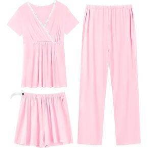 SWOMOG Womens Maternity Nursing Pajamas Set Short Sleeve Breastfeeding Top Pregnancy Shorts & Pants 3pcs Pregnancy PJS