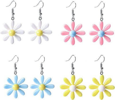 4 Pairs Daisy Earrings for Women,Acrylic Yellow Flower Daisy Dangle Earring Wild Lily Petals Hawaii Plant Earrings for Women Girl in Saudi Arabia