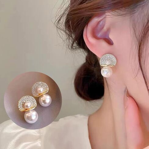 أقراط متدلية من الذهب الأبيض واللؤلؤ الأبيض وحجر الراين الكريستالي لحفلات الزفاف وحفلات الزفاف والأقراط المتدلية مجوهرات الأزياء للنساء والفتيات in Kuwait