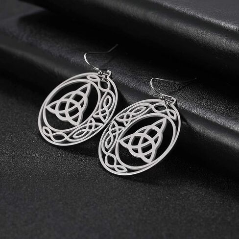 VASSAGO Stainless Steel Triquetra Celtic Knot Symbol Crescent Moon Earrings Circle Charm Drop Dangle Earring for Women Girls Jewelry Gifts (silver) in Kuwait