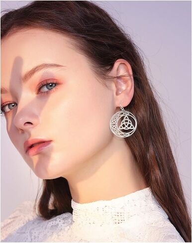 VASSAGO Stainless Steel Triquetra Celtic Knot Symbol Crescent Moon Earrings Circle Charm Drop Dangle Earring for Women Girls Jewelry Gifts (silver) in Kuwait