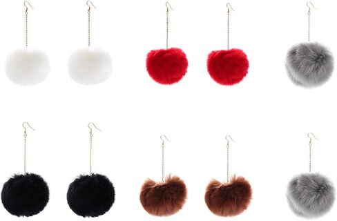 5-9 Pairs Faux Fur Pom Pom Earrings Set Round Ball Dangle Earring Colorful Fluffy Pom Pom Gold Dangle Chain Long Tassel Earrings Valentines Gifts Winter Holiday Accessories for Women Girls in Saudi Arabia