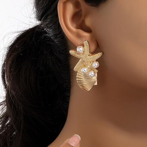 Gold Shell Earrings for Women 14k Gold Starfish Stud Earrings Big Pearl Seashell Earrings Beach Summer Beach Jewelry Gift for Girls Women in Saudi Arabia