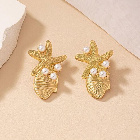 Gold Shell Earrings for Women 14k Gold Starfish Stud Earrings Big Pearl Seashell Earrings Beach Summer Beach Jewelry Gift for Girls Women in Saudi Arabia