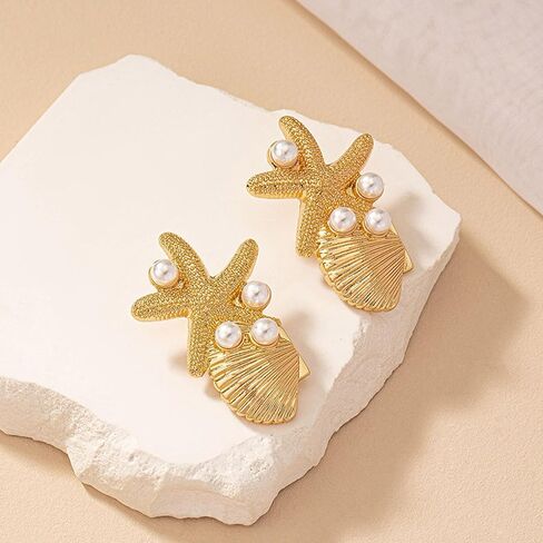 Gold Shell Earrings for Women 14k Gold Starfish Stud Earrings Big Pearl Seashell Earrings Beach Summer Beach Jewelry Gift for Girls Women in Saudi Arabia