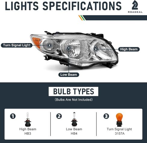 for 2009 2010 Toyota Corolla Headlight Assembly compatible with 09 10 Corolla Base/CE/LE/XLE Models North America Built Vehicle Clear Lens Chrome Housing Amber Reflector Left and Right in Saudi Arabia