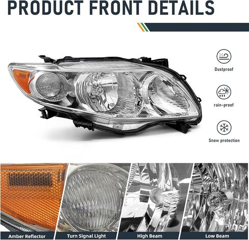 for 2009 2010 Toyota Corolla Headlight Assembly compatible with 09 10 Corolla Base/CE/LE/XLE Models North America Built Vehicle Clear Lens Chrome Housing Amber Reflector Left and Right in Saudi Arabia