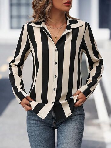 Verdusa Women's Stripe Print Long Sleeve Button Up Blouse Shirt Work Tops in Saudi Arabia