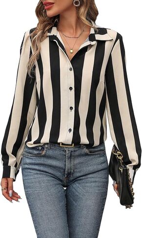 Verdusa Women's Stripe Print Long Sleeve Button Up Blouse Shirt Work Tops in Saudi Arabia