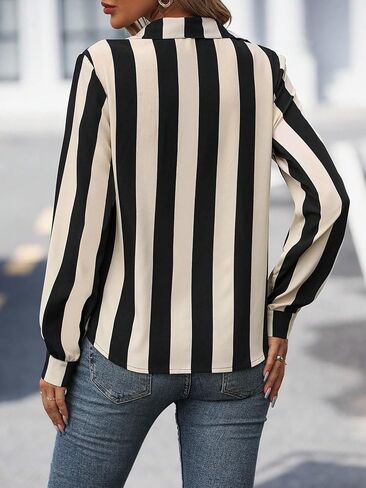 Verdusa Women's Stripe Print Long Sleeve Button Up Blouse Shirt Work Tops in Saudi Arabia
