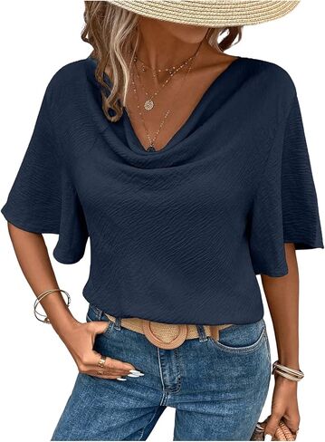Women's Butterfly Sleeve Draped Cowl Neck Blouses Dressy Casual V Neck Office Shirts Tops Work Blouse in Saudi Arabia