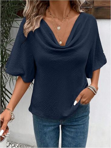 Women's Butterfly Sleeve Draped Cowl Neck Blouses Dressy Casual V Neck Office Shirts Tops Work Blouse in Saudi Arabia