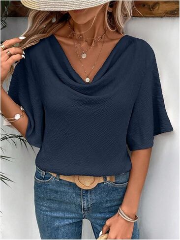 Women's Butterfly Sleeve Draped Cowl Neck Blouses Dressy Casual V Neck Office Shirts Tops Work Blouse in Saudi Arabia