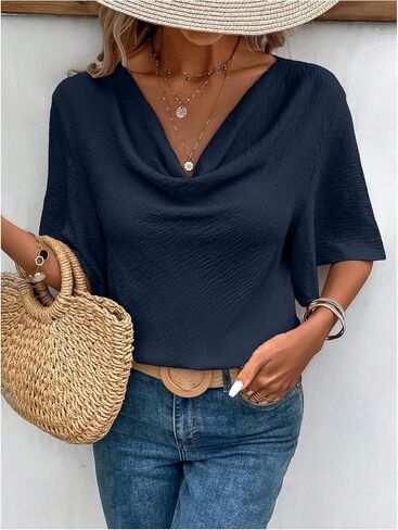 Women's Butterfly Sleeve Draped Cowl Neck Blouses Dressy Casual V Neck Office Shirts Tops Work Blouse in Saudi Arabia