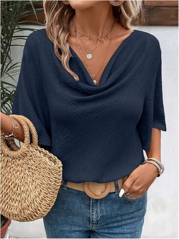 Women's Butterfly Sleeve Draped Cowl Neck Blouses Dressy Casual V Neck Office Shirts Tops Work Blouse in Saudi Arabia
