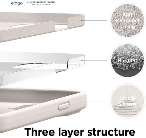 Elago متوافق مع حافظة iPhone 13، حافظة من السيليكون السائل، غطاء واقي لكاميرا كامل الشاشة، مقاوم للصدمات، حافظة هاتف نحيفة، بطانة ناعمة من الألياف الدقيقة مضادة للخدش، 6.1 بوصة (حجري) in Kuwait