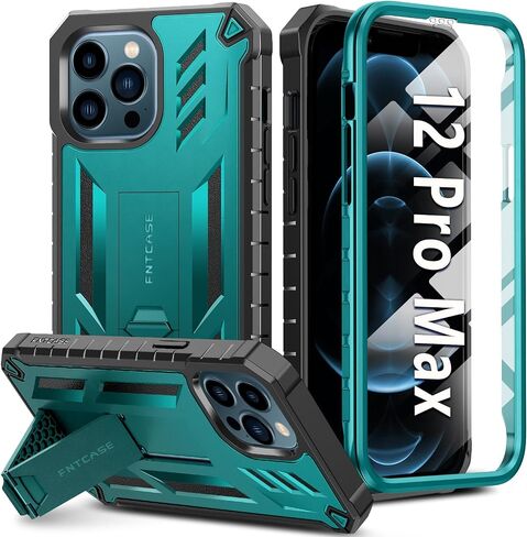 FNTCASE for iPhone 12-Pro-Max Phone Case: Military Grade Drop Proof Protection Mobile Cover with Kickstand | Matte Textured Rugged Shockproof TPU | Protective Sturdy Cases - Black in Saudi Arabia