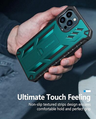 FNTCASE for iPhone 12-Pro-Max Phone Case: Military Grade Drop Proof Protection Mobile Cover with Kickstand | Matte Textured Rugged Shockproof TPU | Protective Sturdy Cases - Black in Saudi Arabia
