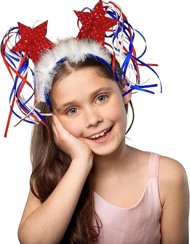 Needzo Fourth of July Red, White, and Blue Star Headband with White Faux Fur, Festive Holiday Party Accessory or Gift, One Size Fits Most in Saudi Arabia