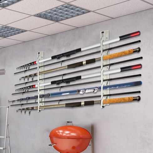 Fishing Rod Rack Fishing Pole Holders for Garage Wall or Ceiling Fishing Rod/Pole Rack Holder Storage Hook Holds up to 10 Fishing Rods Wall Mounted for Garage Cabin and Basement in Saudi Arabia