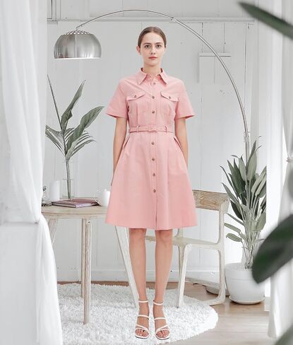 Women's Short Sleeve Safari Dress, Casual Collared Button Down Cotton Shirt Dress with Belt in Saudi Arabia