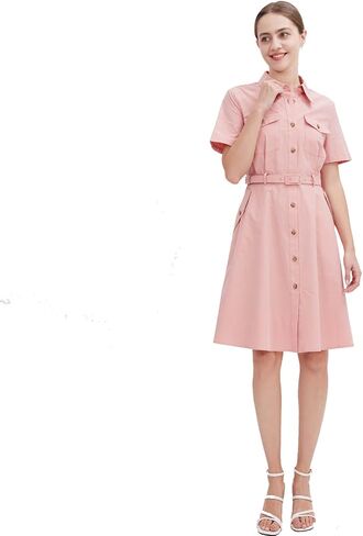 Women's Short Sleeve Safari Dress, Casual Collared Button Down Cotton Shirt Dress with Belt in Saudi Arabia