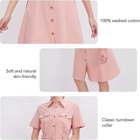 Women's Short Sleeve Safari Dress, Casual Collared Button Down Cotton Shirt Dress with Belt in Saudi Arabia