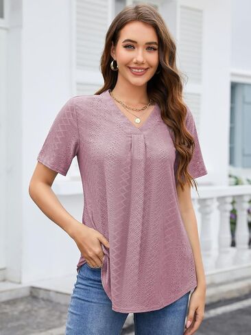 Bulotus Women's Summer Eyelet Tops Short Sleeve Dressy Casual Shirts for Work Loose Fit Tunic Tops in Saudi Arabia
