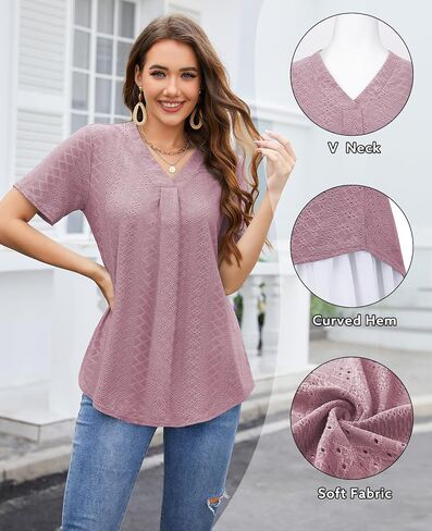 Bulotus Women's Summer Eyelet Tops Short Sleeve Dressy Casual Shirts for Work Loose Fit Tunic Tops in Saudi Arabia