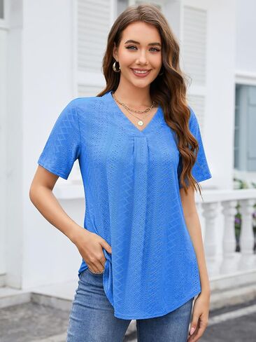 Bulotus Women's Summer Eyelet Tops Short Sleeve Dressy Casual Shirts for Work Loose Fit Tunic Tops in Saudi Arabia