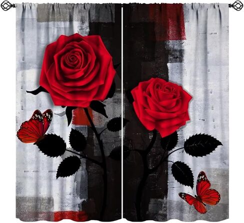 Black Floral Curtains, Watercolor Rose Flower Rustic Vintage Pink White Peony Blossom Plant Print Window Drapes for Girls Woman Bedroom Living Room Kitchen, 42" W X 45" L in Saudi Arabia
