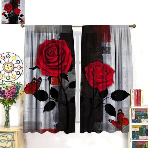 Black Floral Curtains, Watercolor Rose Flower Rustic Vintage Pink White Peony Blossom Plant Print Window Drapes for Girls Woman Bedroom Living Room Kitchen, 42" W X 45" L in Saudi Arabia