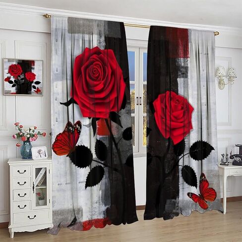 Black Floral Curtains, Watercolor Rose Flower Rustic Vintage Pink White Peony Blossom Plant Print Window Drapes for Girls Woman Bedroom Living Room Kitchen, 42" W X 45" L in Saudi Arabia