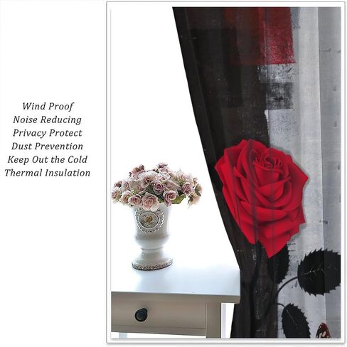 Black Floral Curtains, Watercolor Rose Flower Rustic Vintage Pink White Peony Blossom Plant Print Window Drapes for Girls Woman Bedroom Living Room Kitchen, 42" W X 45" L in Saudi Arabia