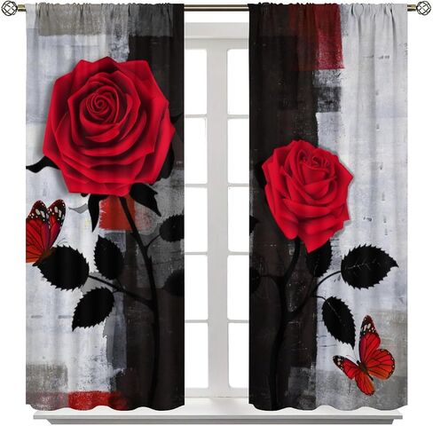Black Floral Curtains, Watercolor Rose Flower Rustic Vintage Pink White Peony Blossom Plant Print Window Drapes for Girls Woman Bedroom Living Room Kitchen, 42" W X 45" L in Saudi Arabia