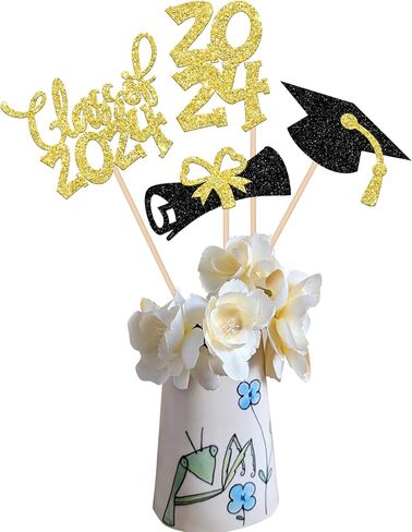 12 PCS Double Sided Glitter Class of 2024 Graduation Party Centerpiece Sticks 2024 Diploma Graduation Cap Centerpieces Table Toppers for 2024 Graduation Party Flower Decorations Supplies Gold in Saudi Arabia