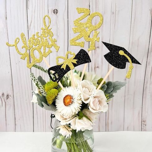 12 PCS Double Sided Glitter Class of 2024 Graduation Party Centerpiece Sticks 2024 Diploma Graduation Cap Centerpieces Table Toppers for 2024 Graduation Party Flower Decorations Supplies Gold in Saudi Arabia