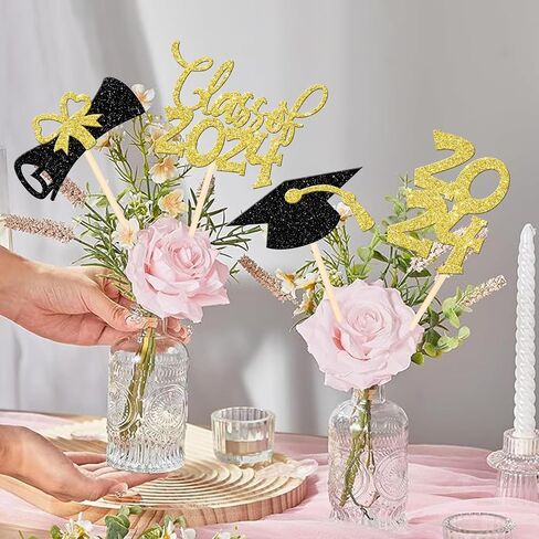 12 PCS Double Sided Glitter Class of 2024 Graduation Party Centerpiece Sticks 2024 Diploma Graduation Cap Centerpieces Table Toppers for 2024 Graduation Party Flower Decorations Supplies Gold in Saudi Arabia