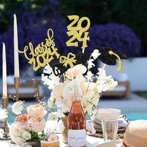 12 PCS Double Sided Glitter Class of 2024 Graduation Party Centerpiece Sticks 2024 Diploma Graduation Cap Centerpieces Table Toppers for 2024 Graduation Party Flower Decorations Supplies Gold in Saudi Arabia