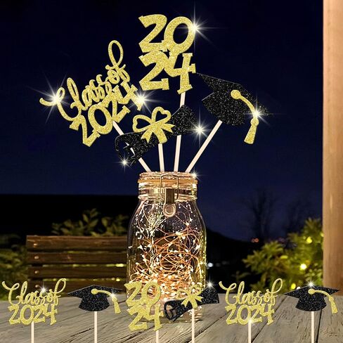 12 PCS Double Sided Glitter Class of 2024 Graduation Party Centerpiece Sticks 2024 Diploma Graduation Cap Centerpieces Table Toppers for 2024 Graduation Party Flower Decorations Supplies Gold in Saudi Arabia